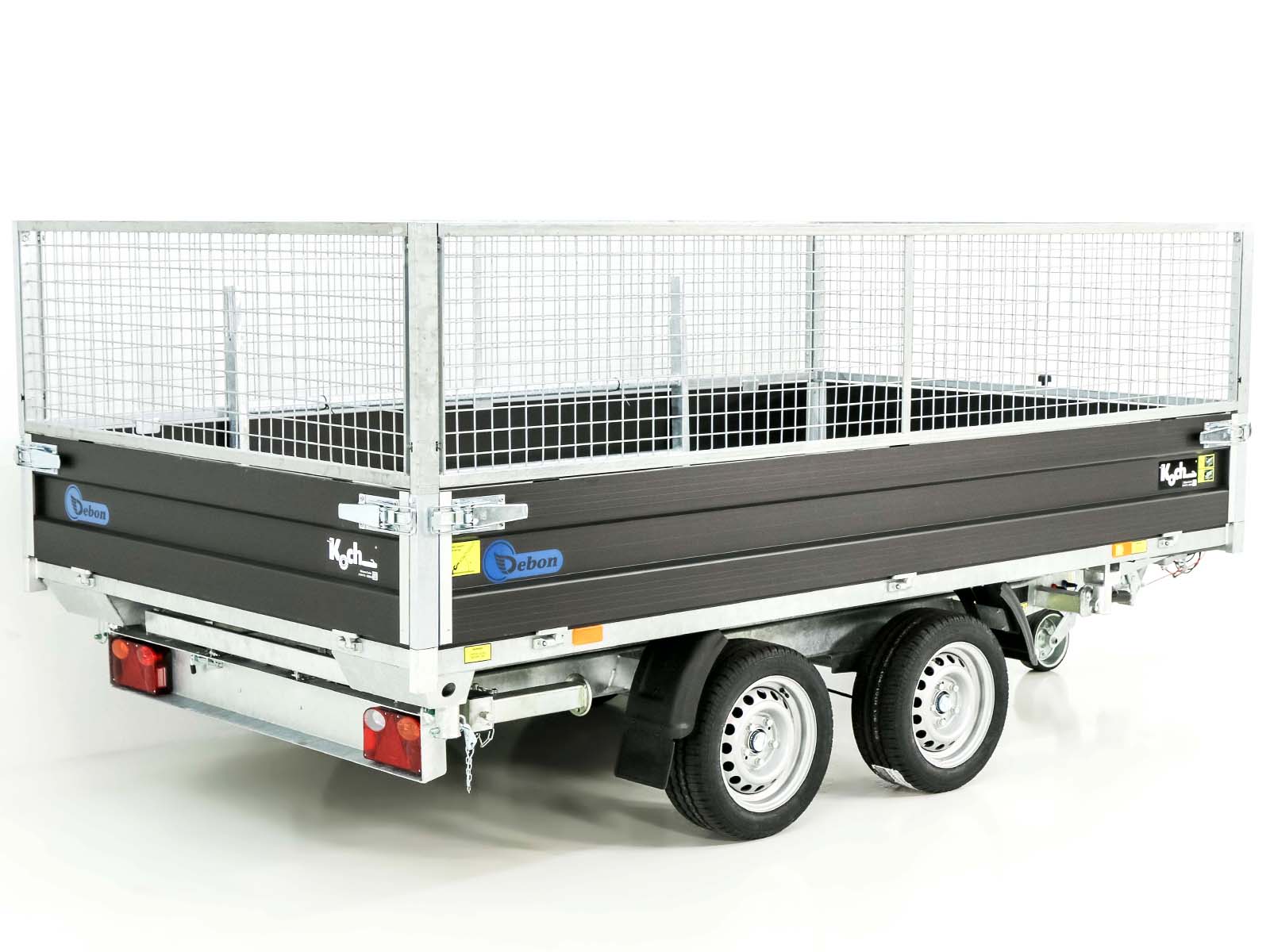DEBON Dreiseitenkipper 180×324 3,5t – Sonderedition Schwarz · Gitteraufsatz · Auffahrrampen · Stützfüße
